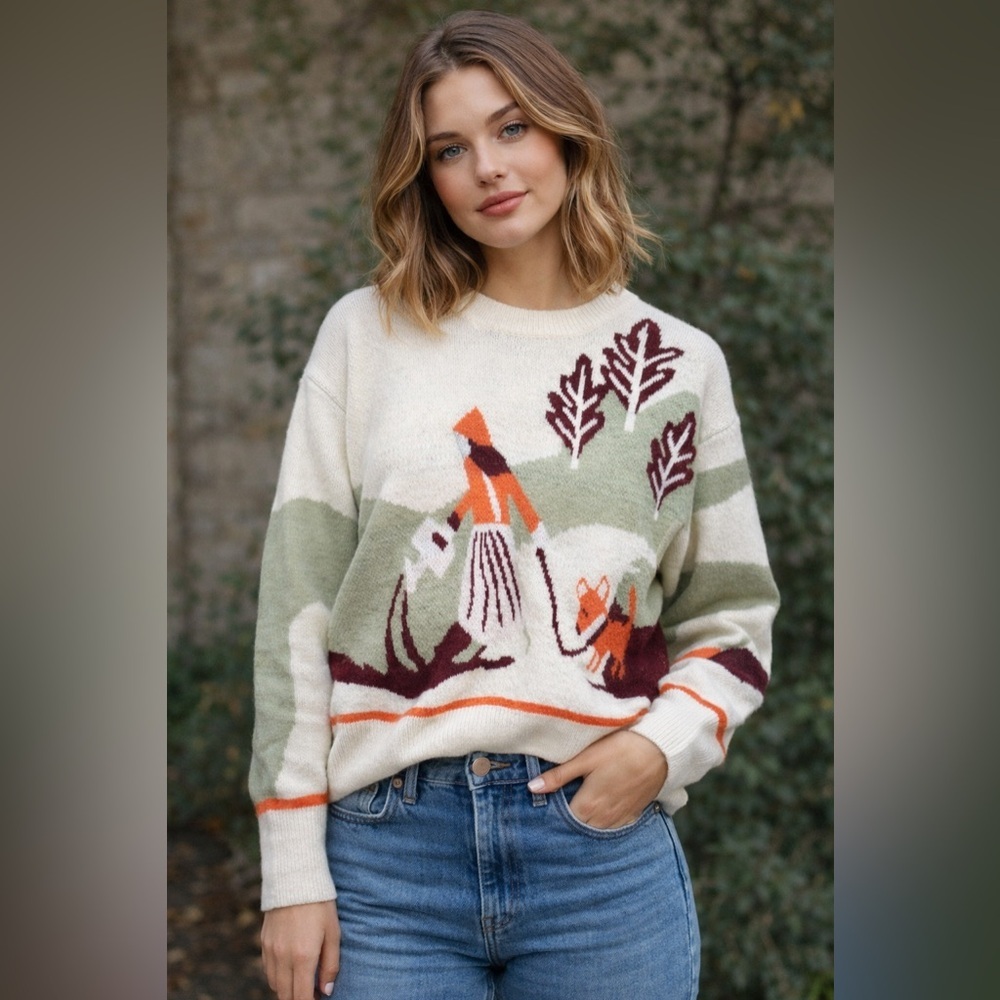 Cottagecore Woodland Fox Scenic Intarsia Knit Sweater small dog Scandicore folk